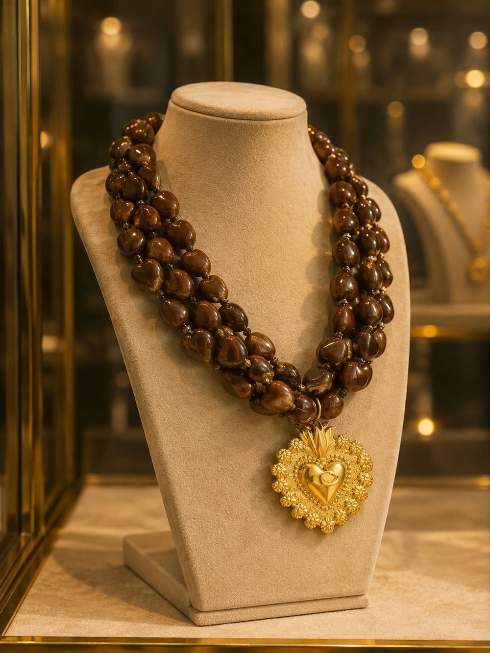 Brown Beaded Necklace with Gold Heart Pendant